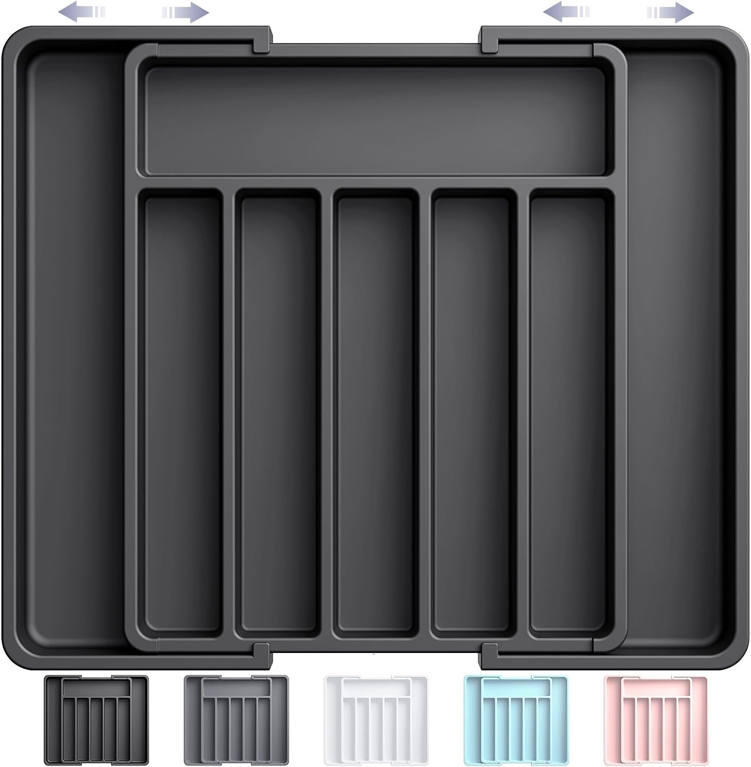 Expandable Kitchen Drawer Storage Organiser, Adjustable Cutlery Tray, Multipurpose Utensil Organisation for Forks, Knives, Black, 34 x 4 x 26~50 cm