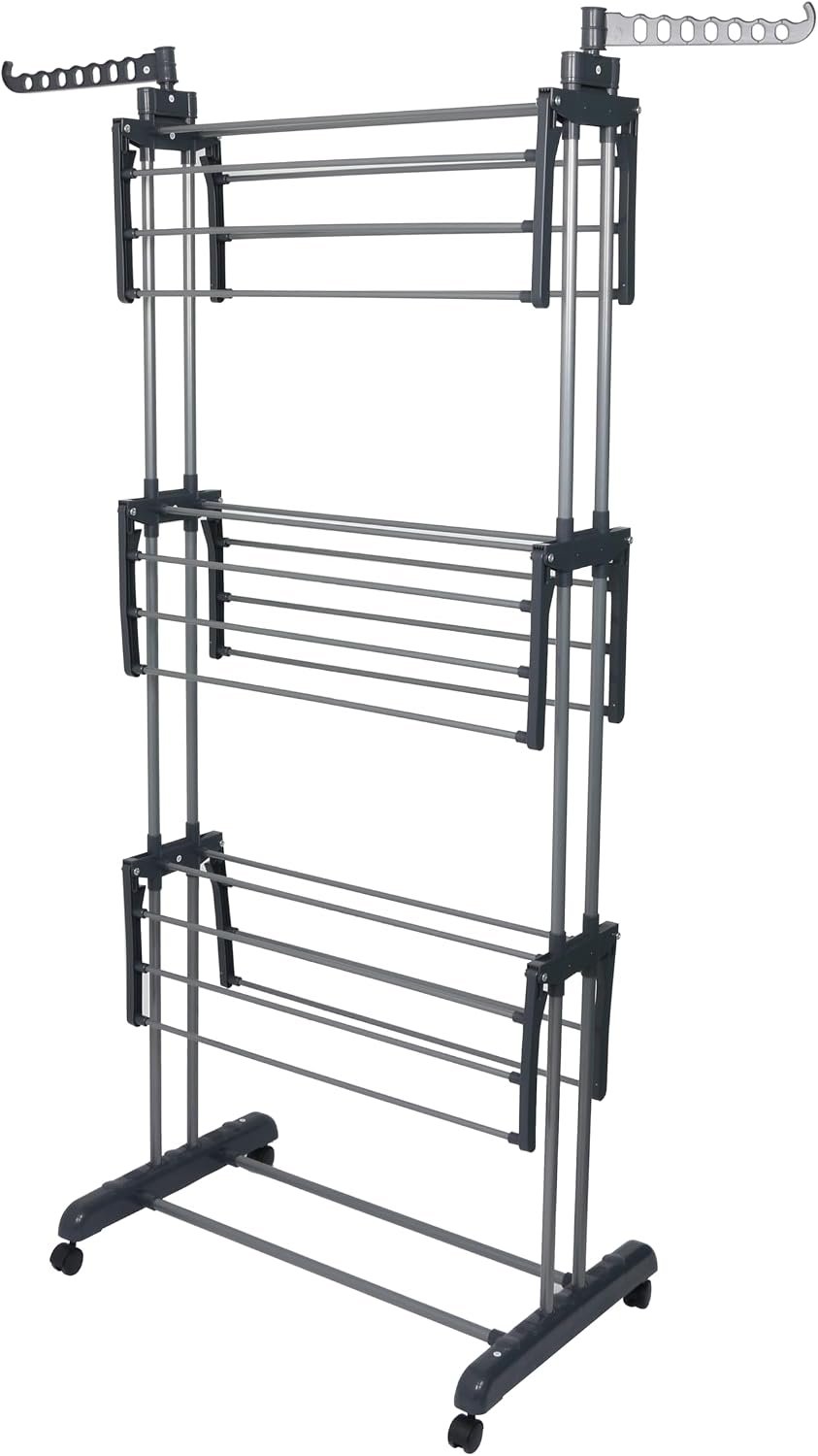 Airer Clothes Drying Rack,4-Tier Grey Foldable Clothes Hanger Adjustable Large Stainless Steel Garment Laundry Racks for Indoor Outdoor with Foldable Wings - Image 3