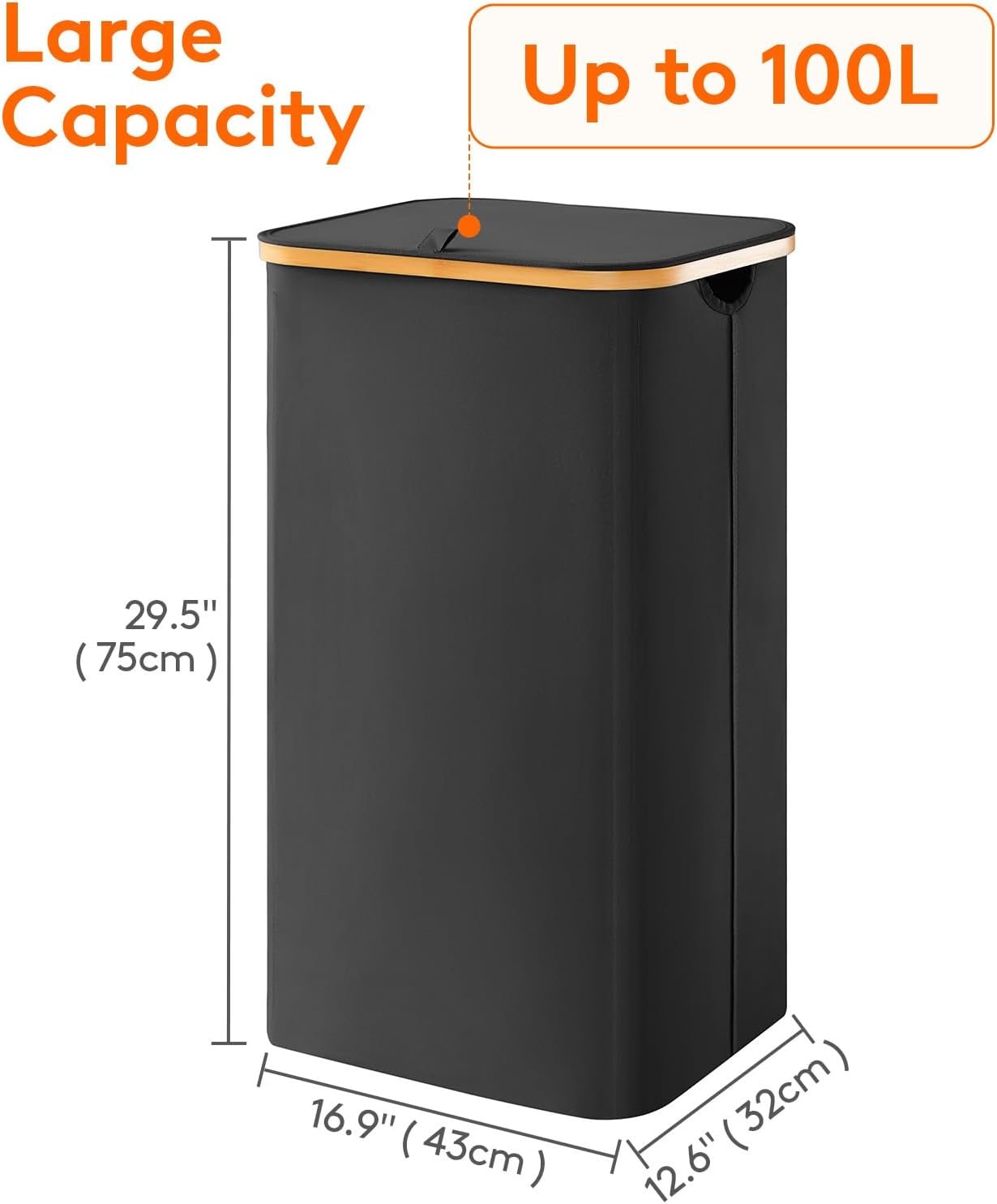 100L Laundry Basket with Lid, Dirty Clothes Bin with Bamboo Handles and A Removable Bag, Large Foldable Washing Basket for Bedroom, Bathroom, Dorm, Laundry Room, Black - Image 3
