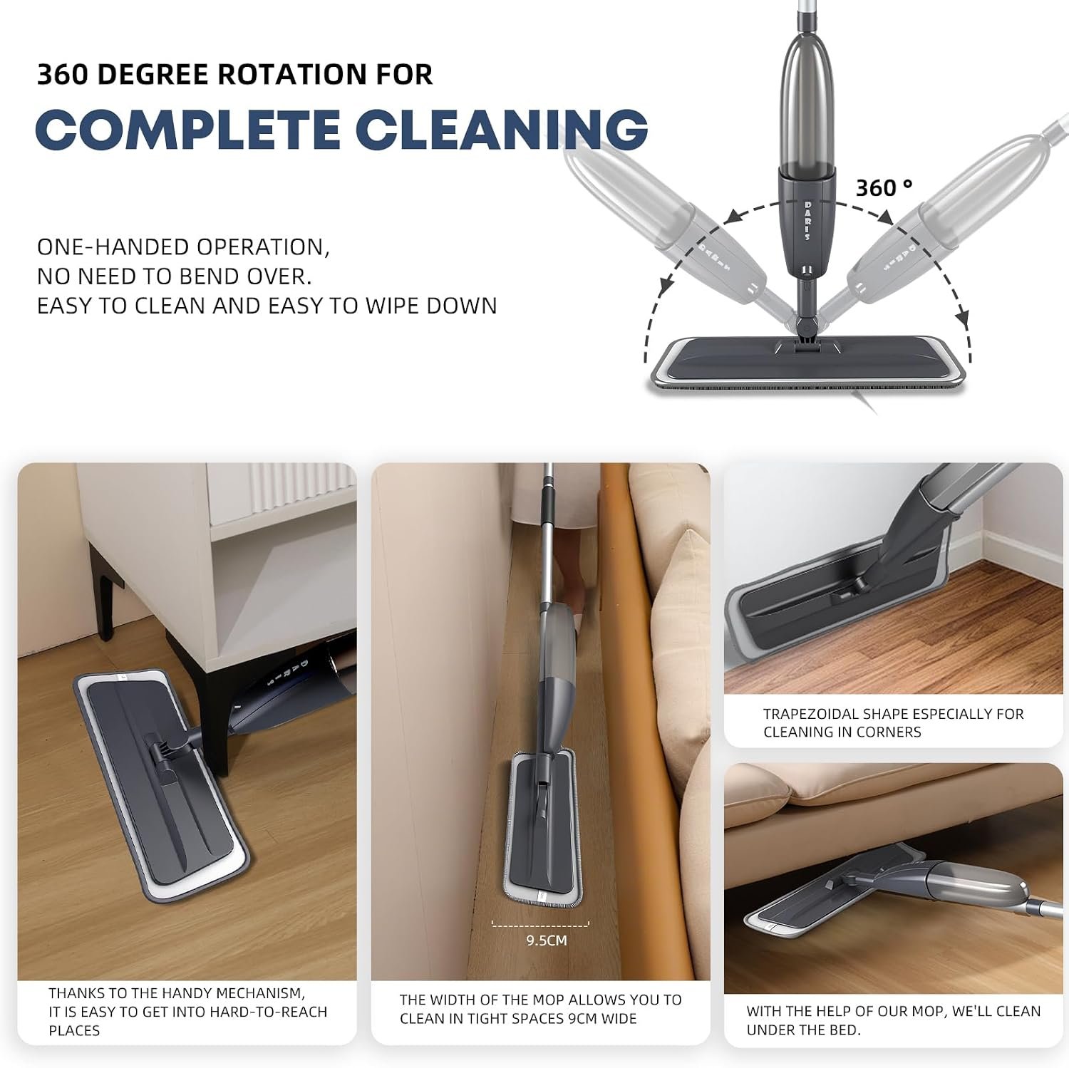 Microfibre Spray Mops for Floors Cleaning, 360 Degree Rotating Floor Mop Flat Dry Wet Mop with Spray Funcation, with 3 Washable Replacement Pads & 1 Bottle 360ML for Home Kitchen Cleaning - Image 6
