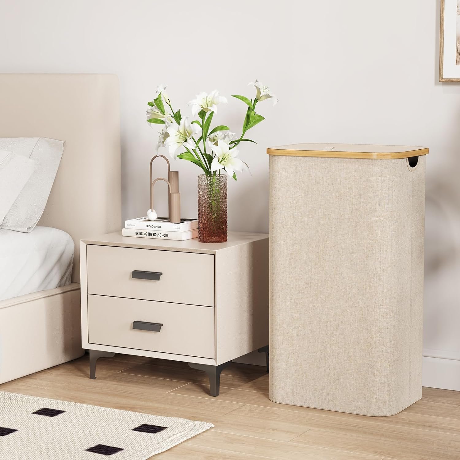100L Laundry Basket with Lid, Dirty Clothes Bin with Bamboo Handles and A Removable Bag, Large Foldable Washing Basket for Bedroom, Bathroom, Dorm, Laundry Room, Beige - Image 3