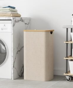 Alternative view of 100L Laundry Basket with Lid, Dirty Clothes Bin with Bamboo Handles and A Removable Bag, Large Foldable Washing Basket for Bedroom, Bathroom, Dorm, Laundry Room, Beige