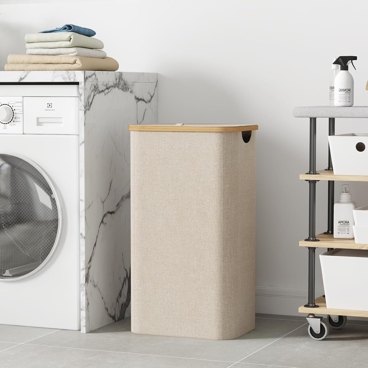 100L Laundry Basket with Lid, Dirty Clothes Bin with Bamboo Handles and A Removable Bag, Large Foldable Washing Basket for Bedroom, Bathroom, Dorm, Laundry Room, Beige - Image 2