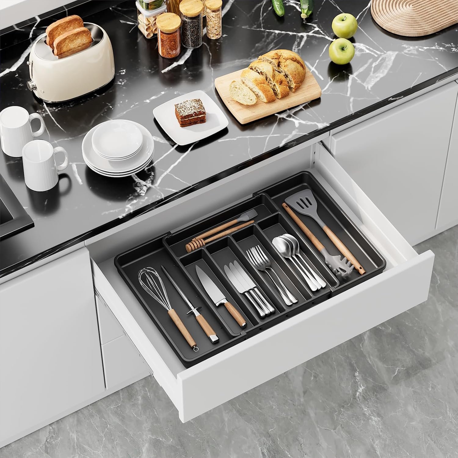 Expandable Kitchen Drawer Storage Organiser, Adjustable Cutlery Tray, Multipurpose Utensil Organisation for Forks, Knives, Black, 34 x 4 x 26~50 cm - Image 8