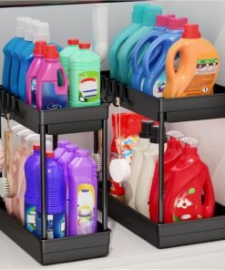 2 Pack Under Sink Storage, 2 Tier Kitchen Storage and Organisation | Cupboard Organiser, Under Sink Shelf, Under Cabinet Organizer with Hooks, for Bathroom Kitchen Countertop, 2 Size 1L+1M