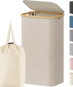 100L Laundry Basket with Lid, Dirty Clothes Bin with Bamboo Handles and A Removable Bag, Large Foldable Washing Basket for Bedroom, Bathroom, Dorm, Laundry Room, Beige