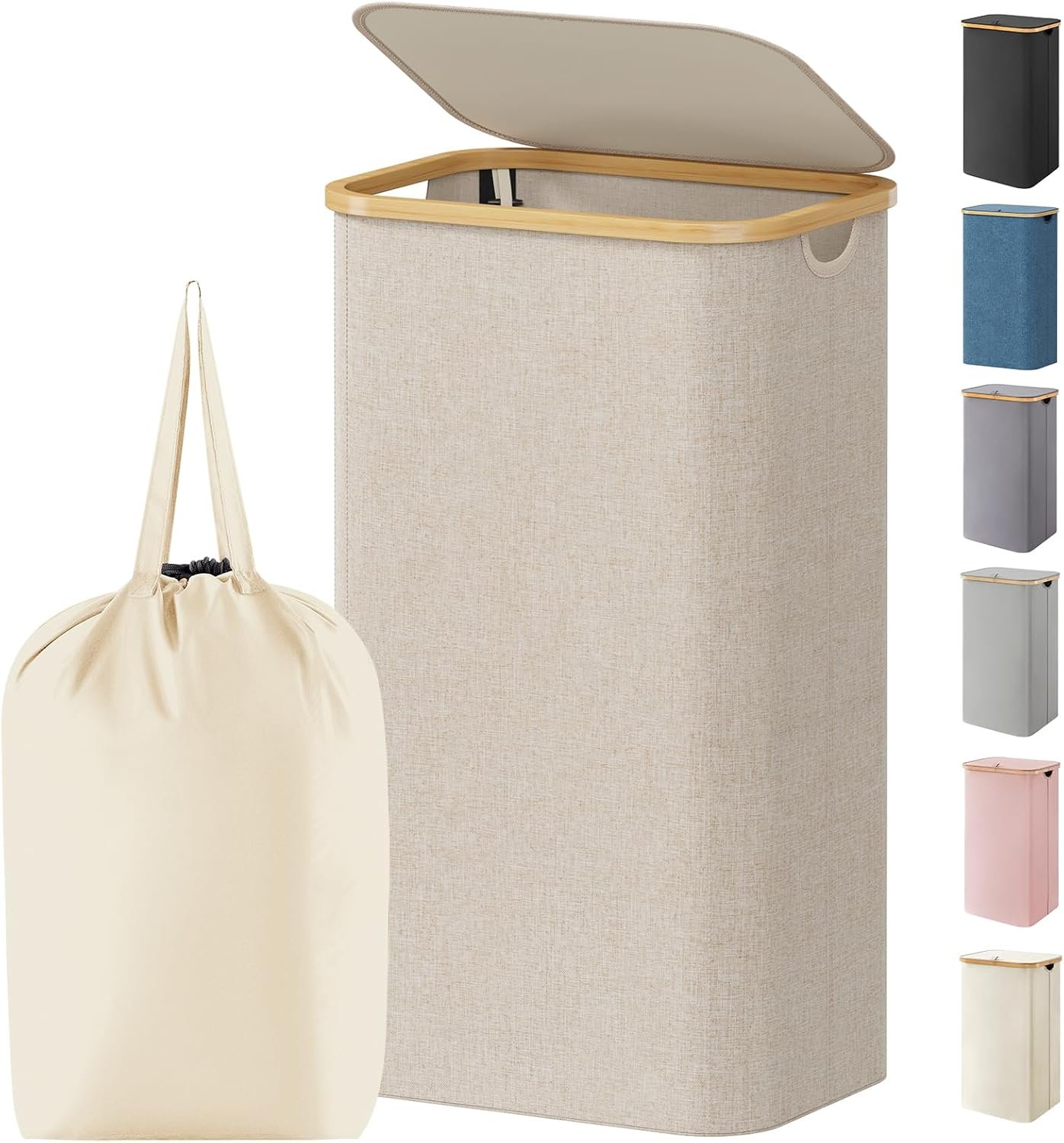 100L Laundry Basket with Lid, Dirty Clothes Bin with Bamboo Handles and A Removable Bag, Large Foldable Washing Basket for Bedroom, Bathroom, Dorm, Laundry Room, Beige