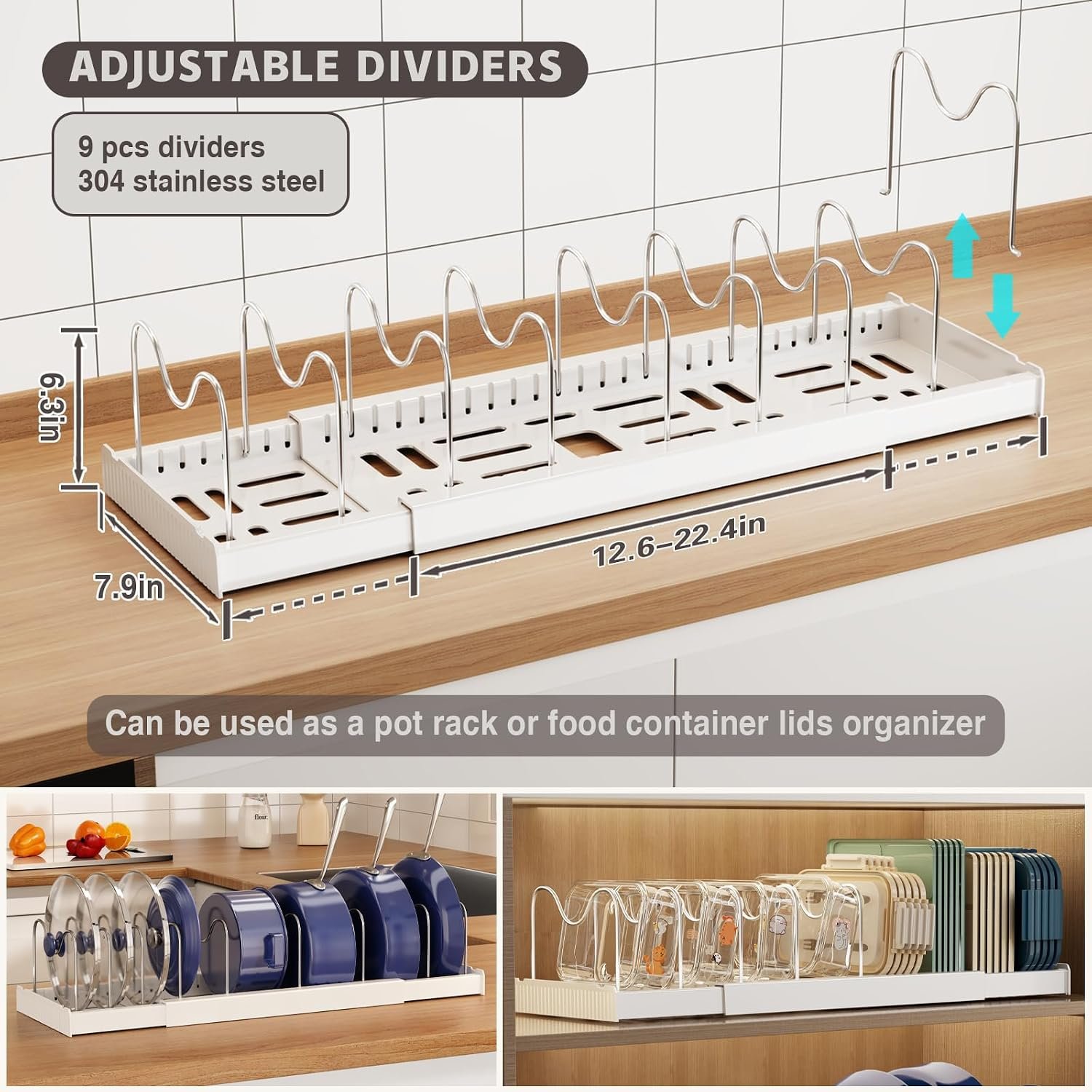2 Pack Pots and Pans Organiser for Cupboard, 57CM Expandable Pan Lid Holder with 9 Adjustable Dividers, Kitchen Pot and Pan Lid Storage Rack Inside Cabinet/Countertop Cupboard Organisers(White) - Image 2