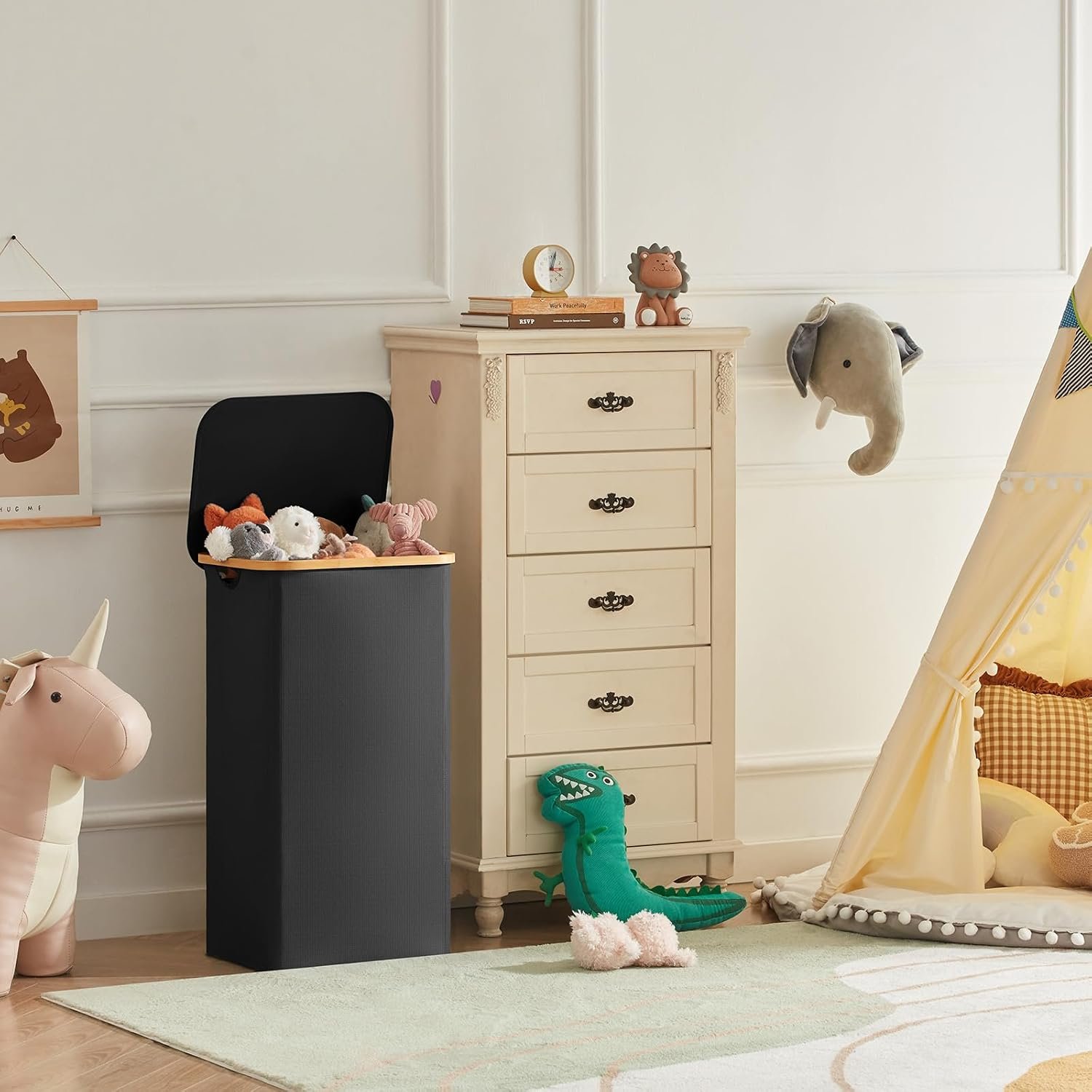 100L Laundry Basket with Lid, Dirty Clothes Bin with Bamboo Handles and A Removable Bag, Large Foldable Washing Basket for Bedroom, Bathroom, Dorm, Laundry Room, Black - Image 9