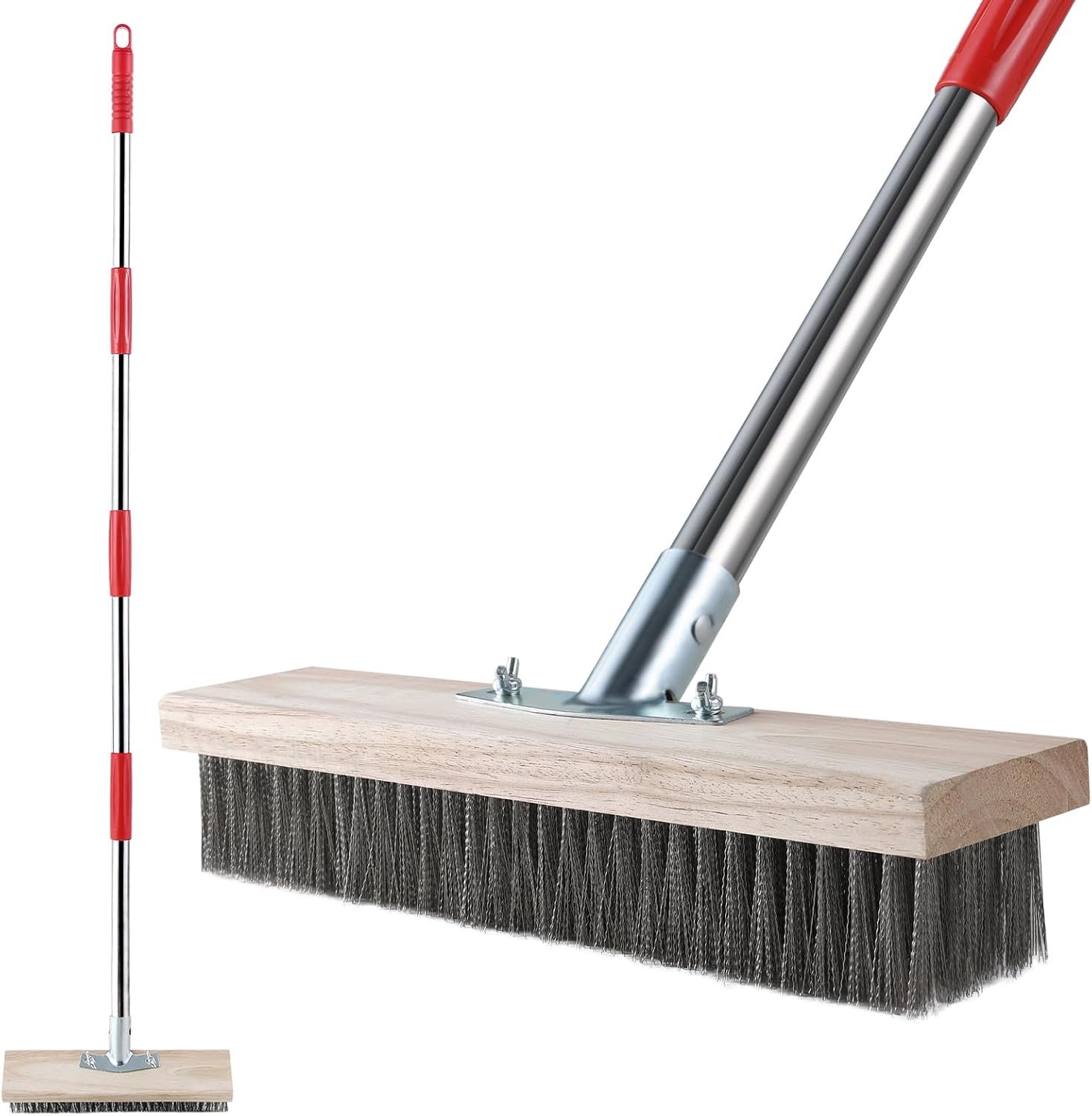 Duty Wire Broom with Telescopic Handle(57IN), Stiff Metal Bristle Brush for Removing Weed Moss Algae, Outdoor Floor Scrub Brush for Patio, Deck, Garden
