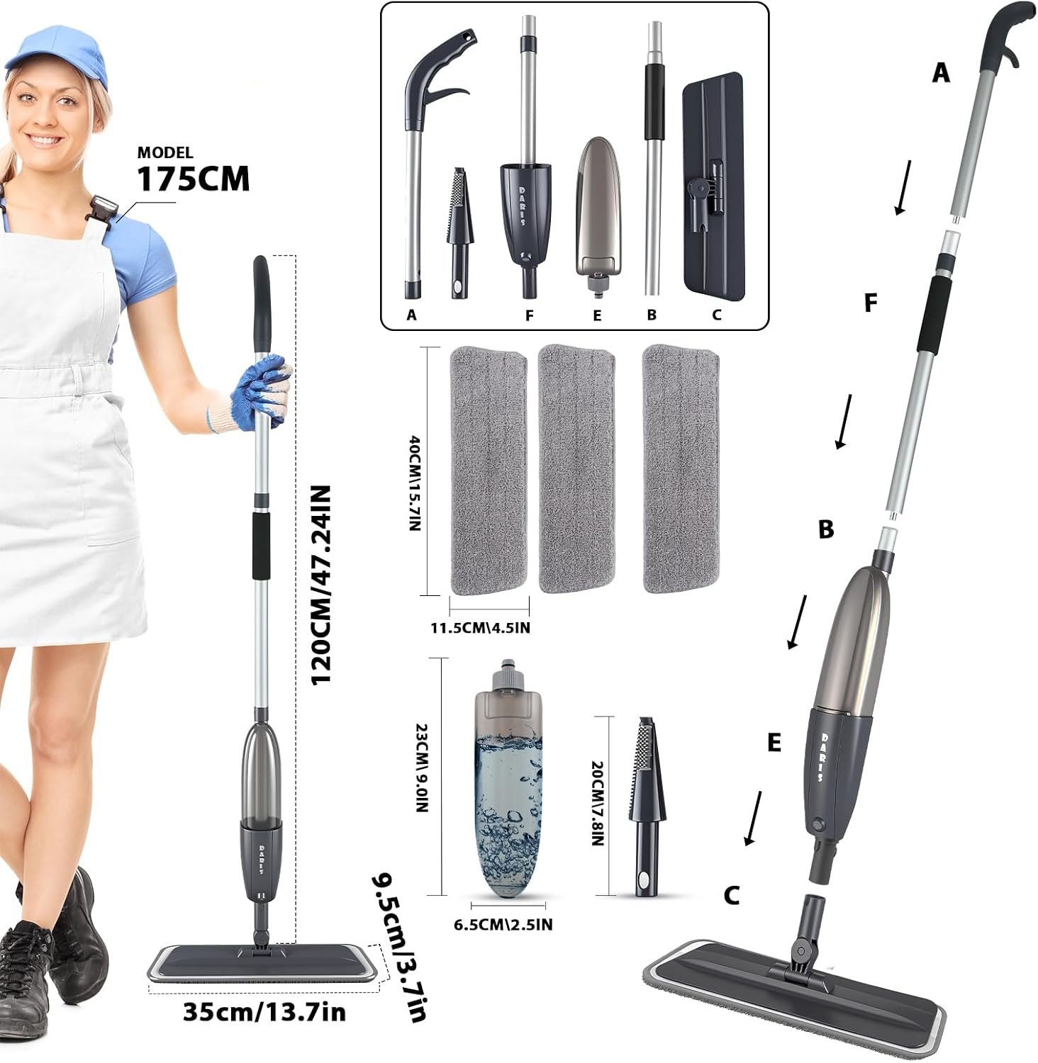Microfibre Spray Mops for Floors Cleaning, 360 Degree Rotating Floor Mop Flat Dry Wet Mop with Spray Funcation, with 3 Washable Replacement Pads & 1 Bottle 360ML for Home Kitchen Cleaning - Image 7
