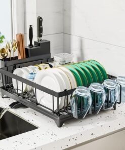 Dish Drainer Rack - Space Saving Dish Rack for Kitchen Counter, Kitchen Dish Drainer with Utensil Holder, Drain Board Cutlery Cup Holder Large Black