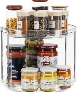 2 Tier Lazy Susan Turntable Organizer Rotating Spice Rack Organization for Cabinet, Kitchen, Pantry, Countertop, Bathroom, Vanity, Medicine Cabinet Organizer, Clear, 23.5CM
