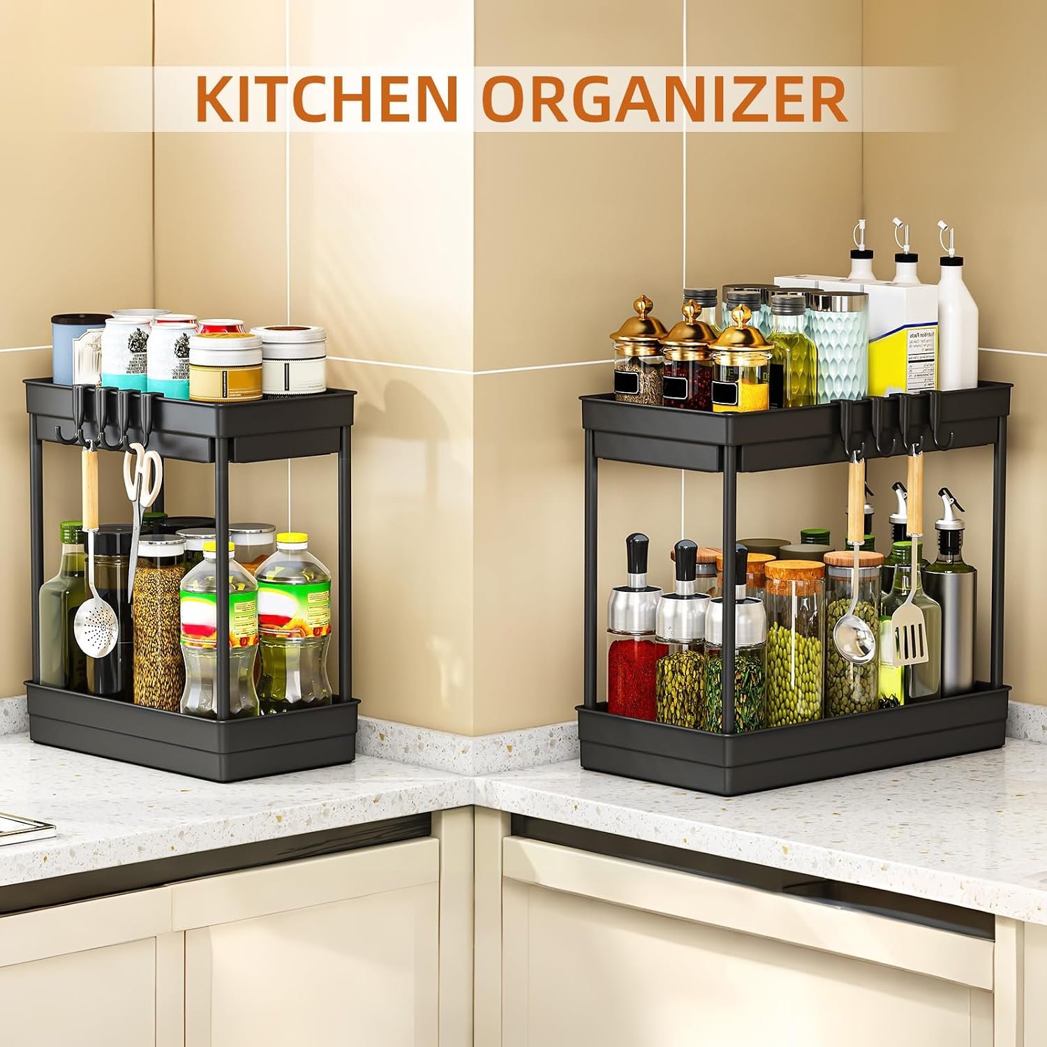2 Pack Under Sink Storage - Kitchen Storage and Organisation, 2 Tier Kitchen Under Sink Shelf, Multi-Purpose Organisation for Bathroom,Black | Under Sink, Sink, Bathroom, Multipurpose, Cabinet Organiser, Space Saving - Image 6