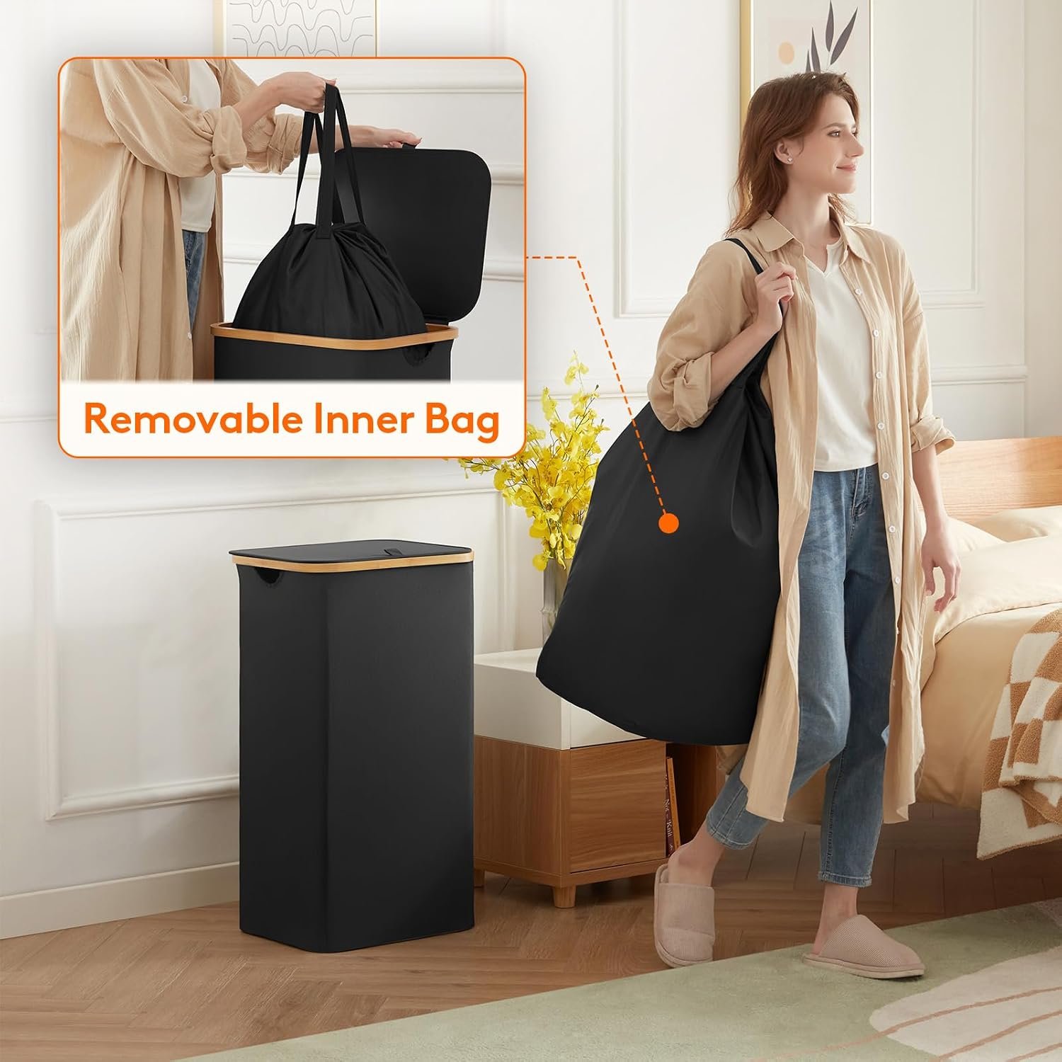 100L Laundry Basket with Lid, Dirty Clothes Bin with Bamboo Handles and A Removable Bag, Large Foldable Washing Basket for Bedroom, Bathroom, Dorm, Laundry Room, Black - Image 5