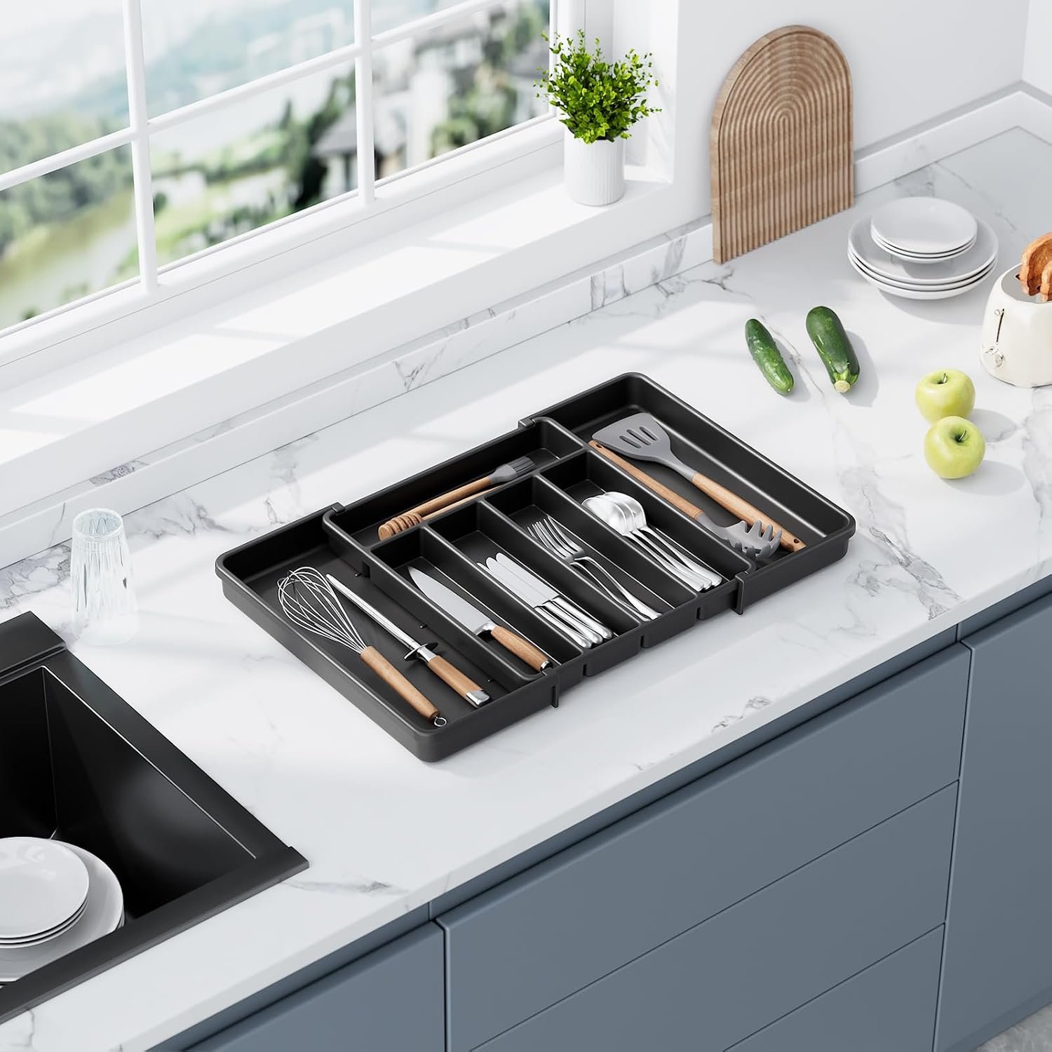 Expandable Kitchen Drawer Storage Organiser, Adjustable Cutlery Tray, Multipurpose Utensil Organisation for Forks, Knives, Black, 34 x 4 x 26~50 cm - Image 7