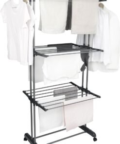 Airer Clothes Drying Rack,4-Tier Grey Foldable Clothes Hanger Adjustable Large Stainless Steel Garment Laundry Racks for Indoor Outdoor with Foldable Wings