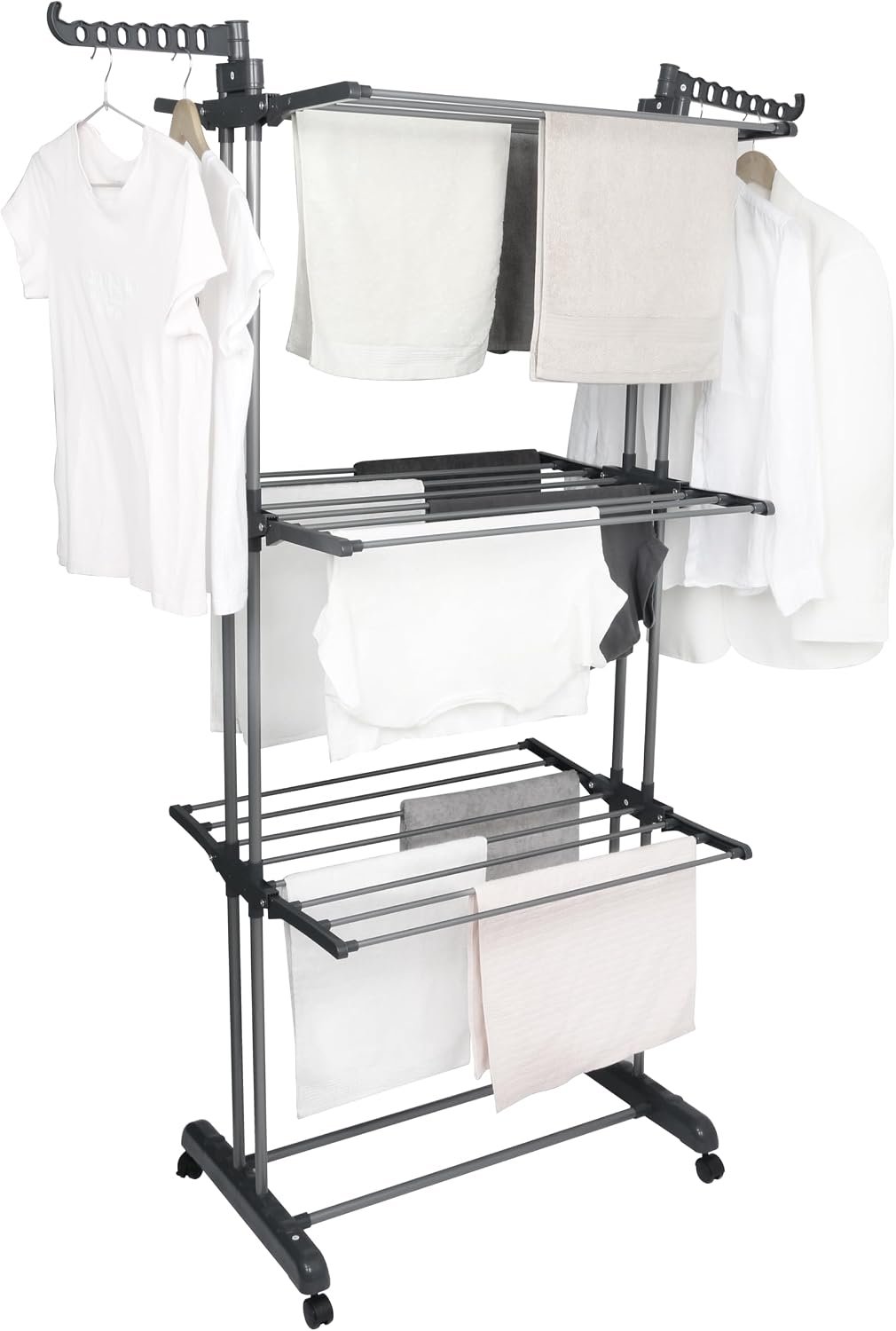 Airer Clothes Drying Rack,4-Tier Grey Foldable Clothes Hanger Adjustable Large Stainless Steel Garment Laundry Racks for Indoor Outdoor with Foldable Wings