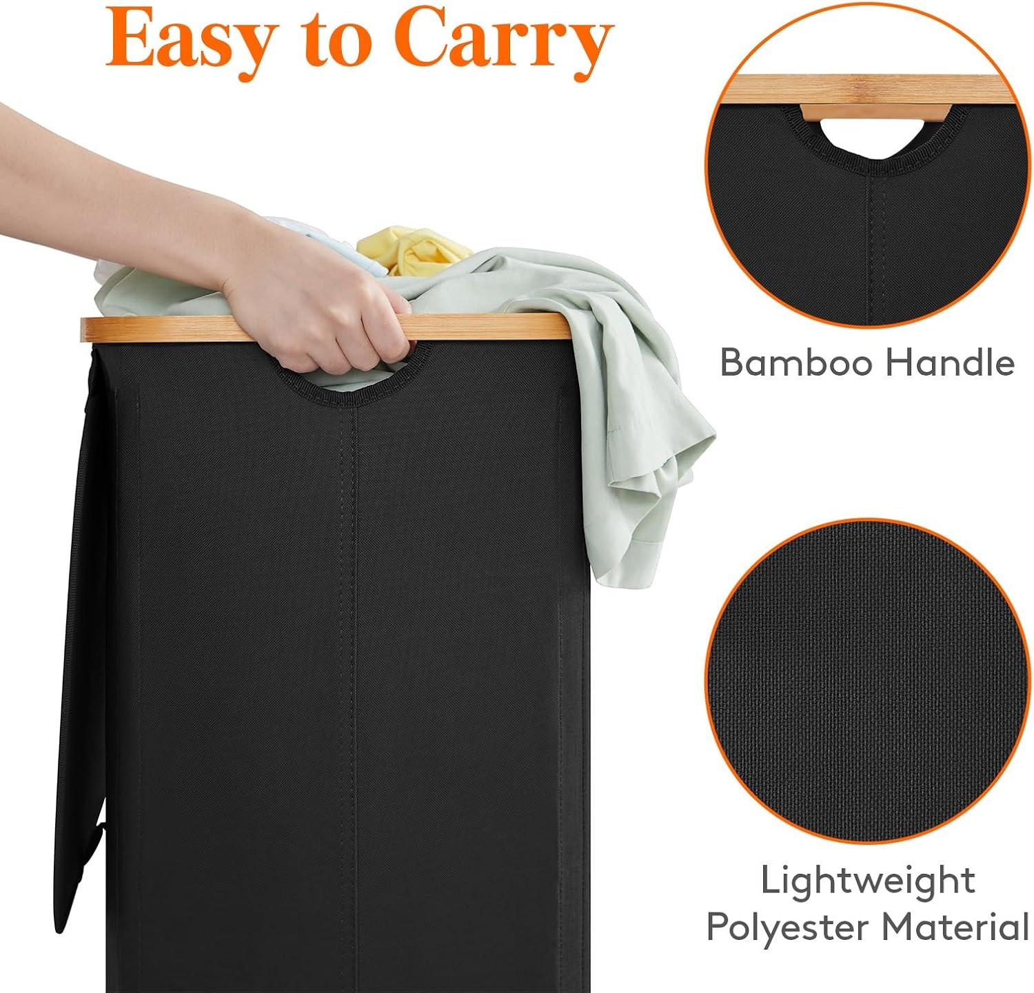 100L Laundry Basket with Lid, Dirty Clothes Bin with Bamboo Handles and A Removable Bag, Large Foldable Washing Basket for Bedroom, Bathroom, Dorm, Laundry Room, Black - Image 7