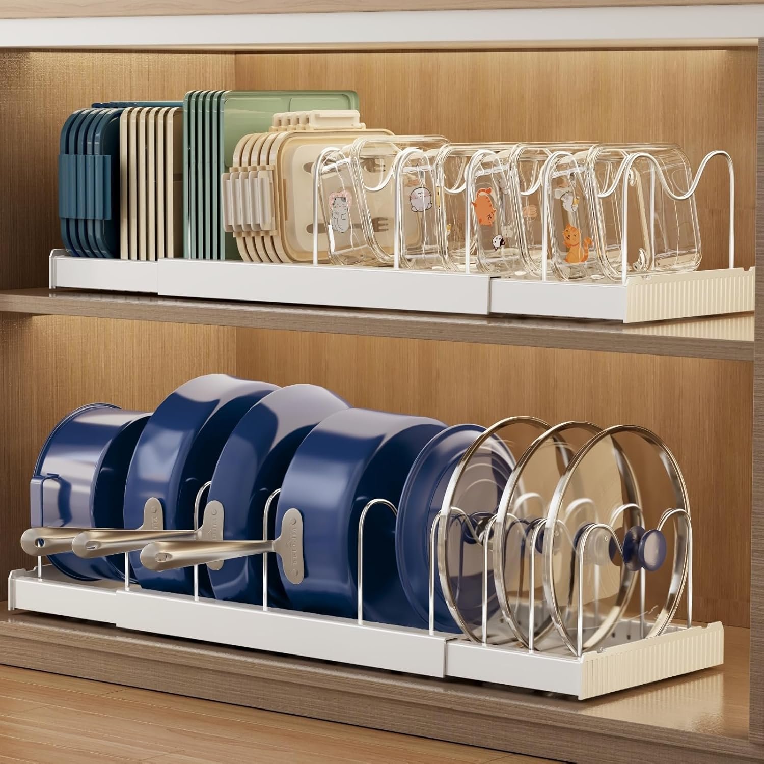 2 Pack Pots and Pans Organiser for Cupboard, 57CM Expandable Pan Lid Holder with 9 Adjustable Dividers, Kitchen Pot and Pan Lid Storage Rack Inside Cabinet/Countertop Cupboard Organisers(White)