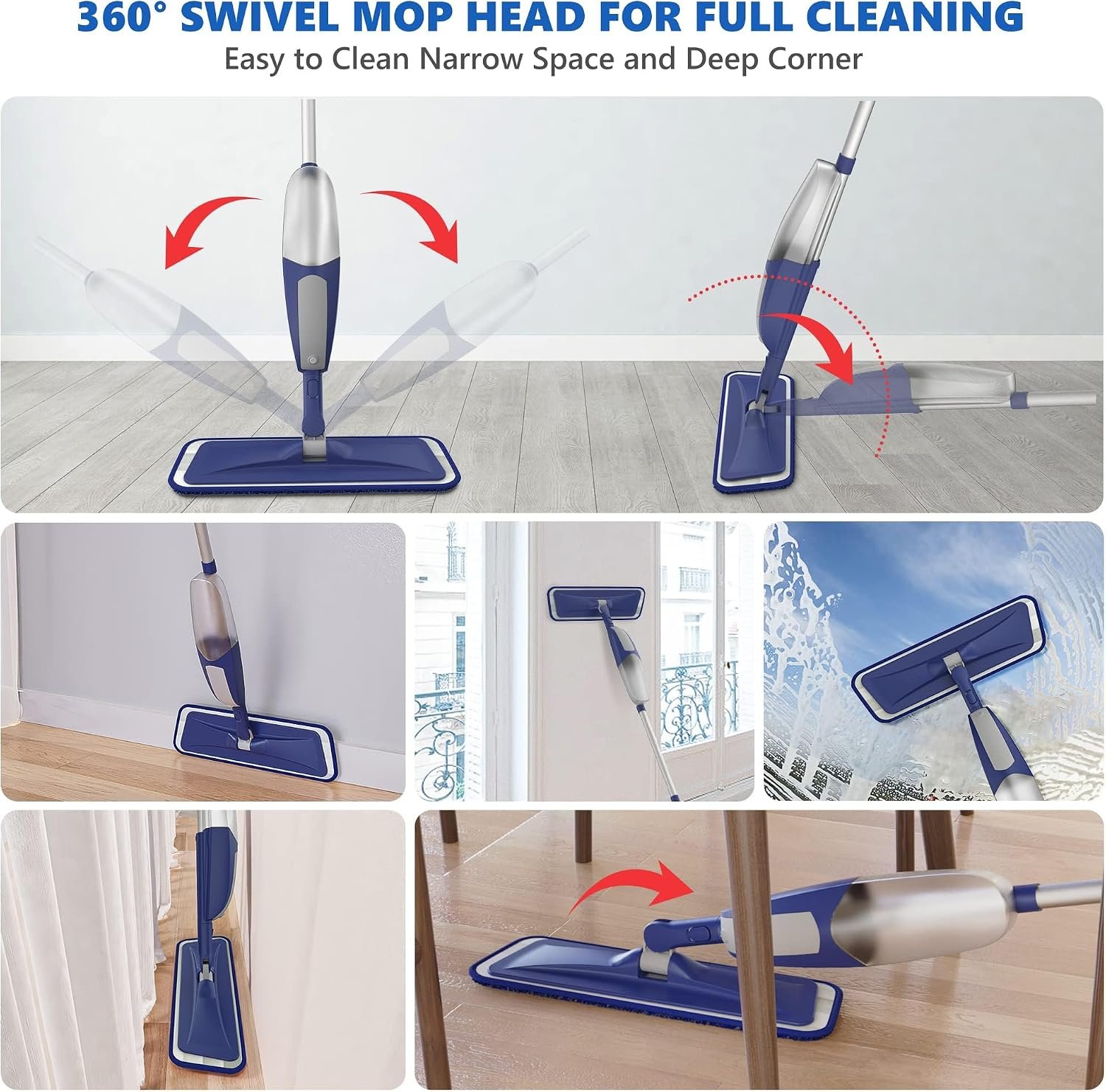 Cleaning Floors -Microfibre Floor Mop with Sprayer Flat Wet Dry Dust Mop with 4 Washable Pads Reusable 550ML Bottle for Hard Wood Laminate Wooden Tile Vinyl Kitchen Bathroom - Image 5