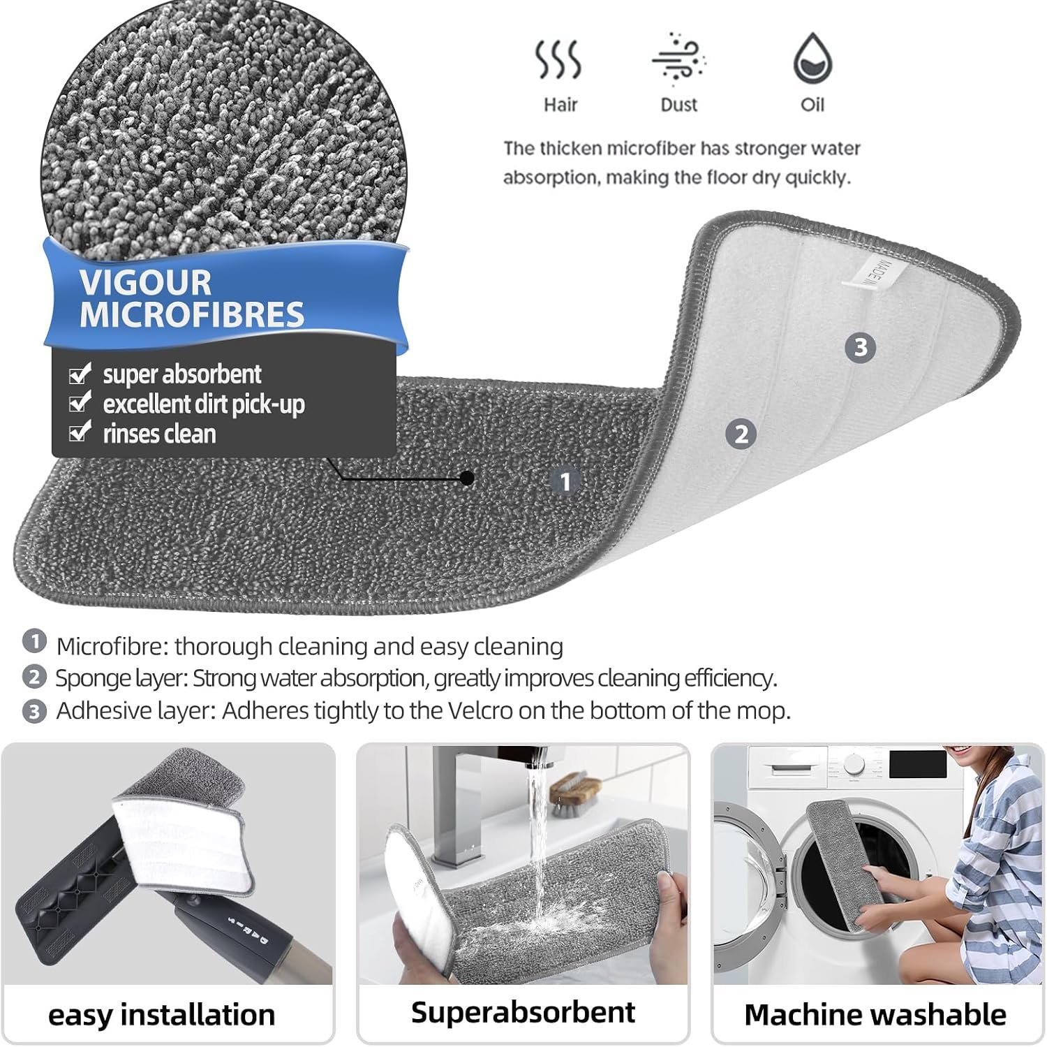 Microfibre Spray Mops for Floors Cleaning, 360 Degree Rotating Floor Mop Flat Dry Wet Mop with Spray Funcation, with 3 Washable Replacement Pads & 1 Bottle 360ML for Home Kitchen Cleaning - Image 2
