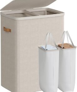 Laundry Basket, 170 L Dual Compartment Laundry Hamper, with Lid and Handles, Removable Liners, Easy Assembly, 56 x 40 x 75 cm, Cappuccino Beige LCB813L01