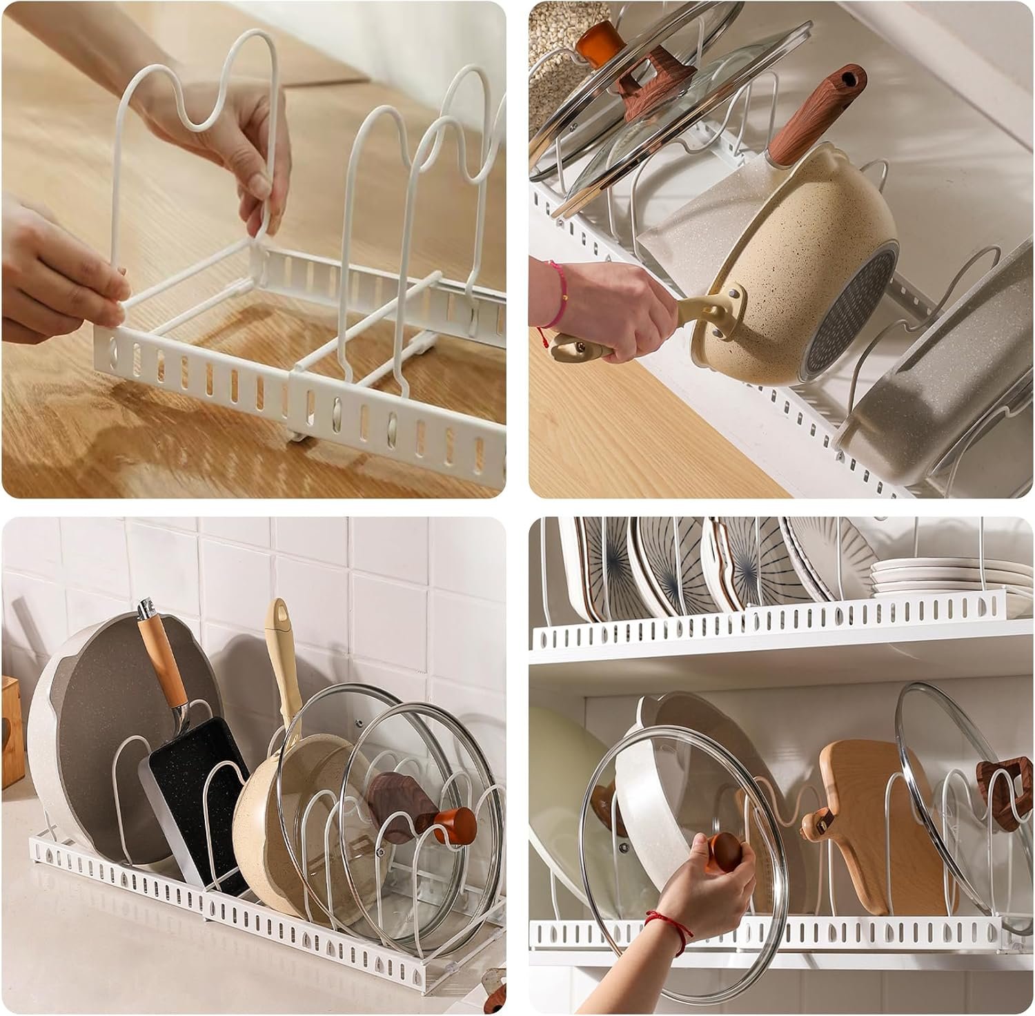 Expandable Pans Organiser Rack, Pan Lid Storage with 10 Adjustable Dividers, Pot Lid Holder, Kitchen Cupboard Organiser (White) - Image 6