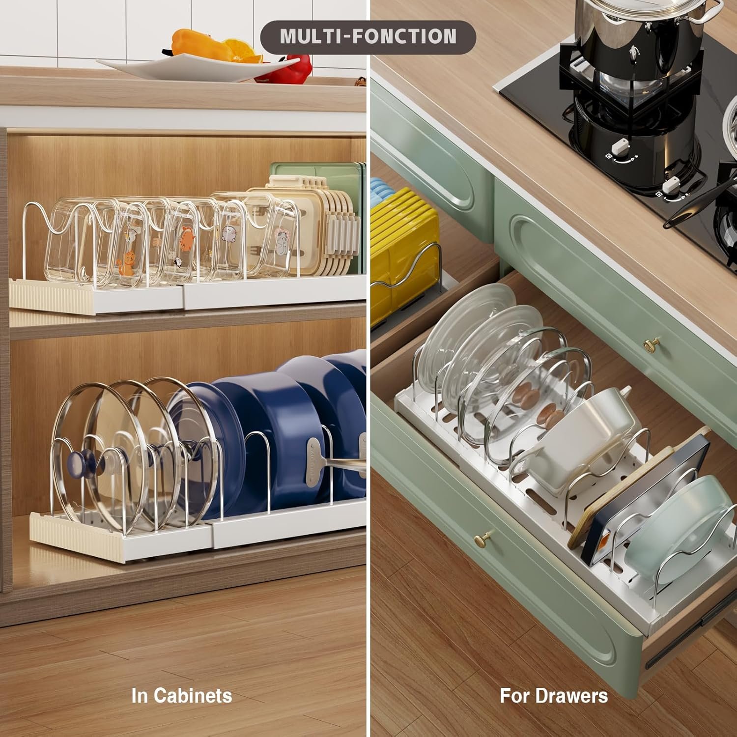 2 Pack Pots and Pans Organiser for Cupboard, 57CM Expandable Pan Lid Holder with 9 Adjustable Dividers, Kitchen Pot and Pan Lid Storage Rack Inside Cabinet/Countertop Cupboard Organisers(White) - Image 4