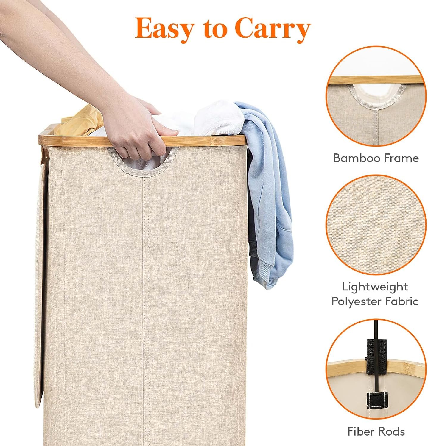 100L Laundry Basket with Lid, Dirty Clothes Bin with Bamboo Handles and A Removable Bag, Large Foldable Washing Basket for Bedroom, Bathroom, Dorm, Laundry Room, Beige - Image 6