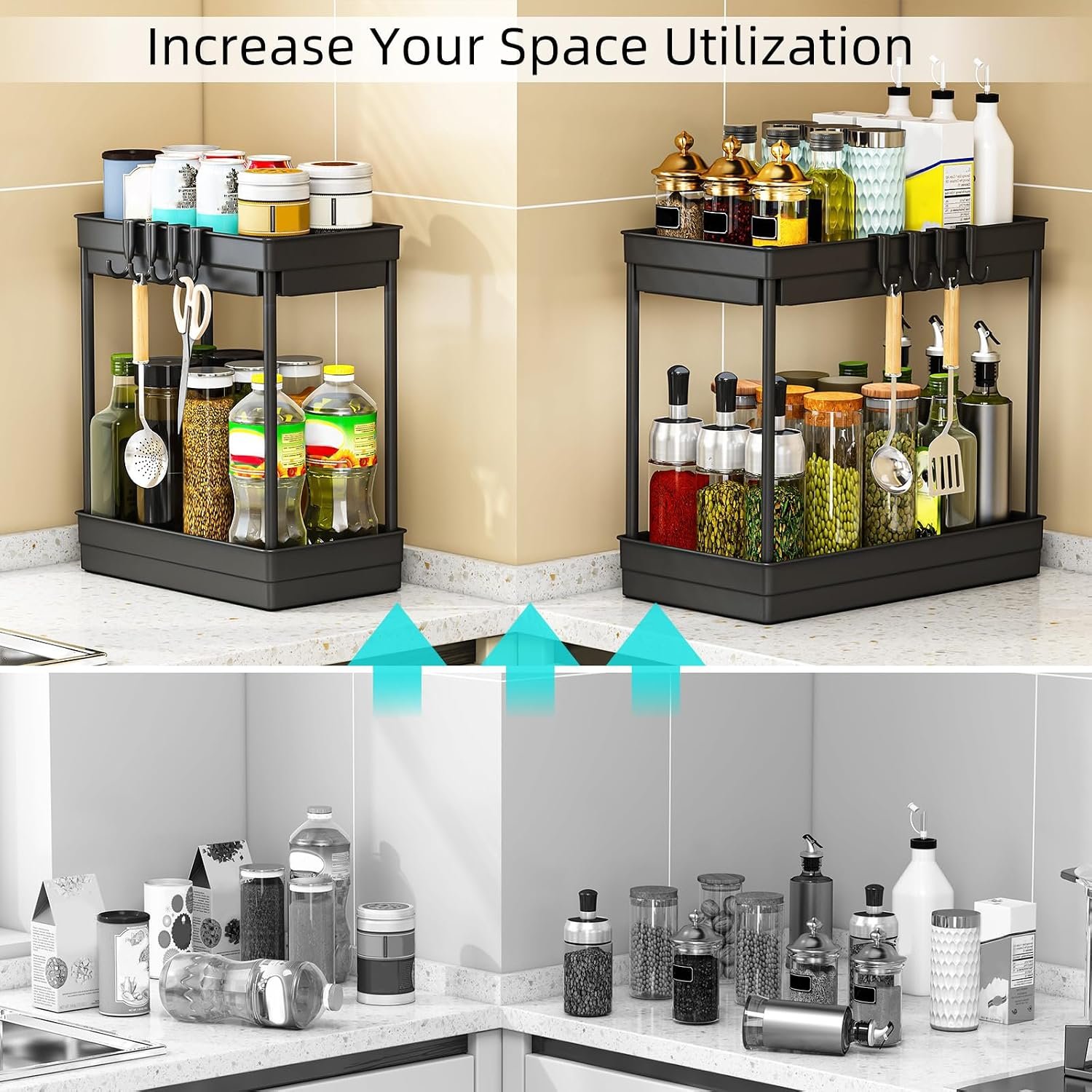 2 Pack Under Sink Storage - Kitchen Storage and Organisation, 2 Tier Kitchen Under Sink Shelf, Multi-Purpose Organisation for Bathroom,Black | Under Sink, Sink, Bathroom, Multipurpose, Cabinet Organiser, Space Saving - Image 4