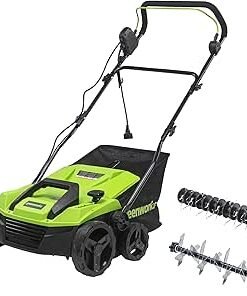 14-Inch Corded Dethatcher / Scarifier, 2-in-1 Electric Lawn Rake with 3-Position Depth Adjustment & Push-Button Start, Lawn Care Tool for Healthy Yard Maintenance