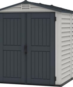 StoreMate PLUS 6 x 6 (3.65 m2) Plastic Garden Shed with Heavy-Duty Plastic Floor & Fixed Window, Strong Metal Roof Structure, Fire Retardant & Maintenance-Free Storage Shed, Dark Grey & Adobe