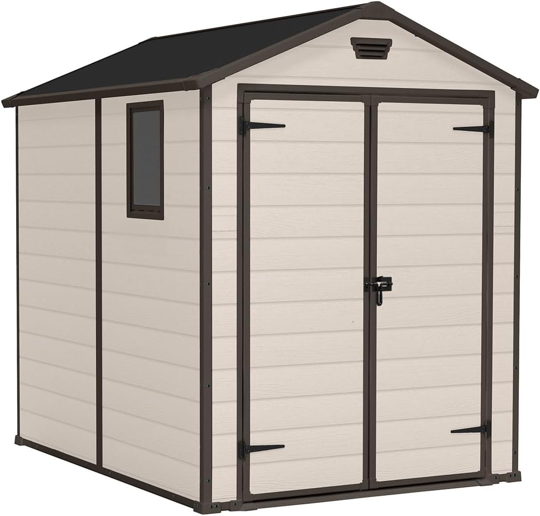 Apex Double Door Garden Storage Shed 6 x 8ft Beige Brown Wood effect | Fade Free | All Weather Resistant | Safe and Secure |