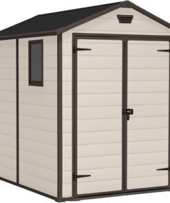 Manor Outdoor Apex Double Door Garden Storage Shed 6 x 8ft Beige Brown Wood effect | Fade Free | All Weather Resistant | Safe and Secure | Zero Maintenance | 15 year Warranty
