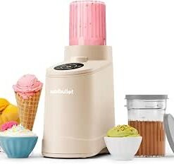 Cream Maker, for Gelato, Sorbet, Frozen Yogurt, Smoothie Bowls, Compact Size, (2) Dishwasher Safe 16 oz. Pint Cups with Lids, Latte Beige, NBD50100LB