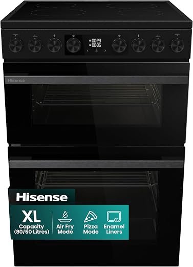 60cm Electric Cooker with Ceramic Hob-Black, A Rated Double Oven 50L/80L