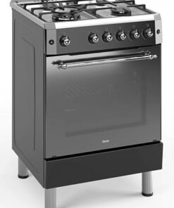 60cm Freestanding Gas Cooker With Wok Burner & Turbo Fan - Shiny Stainless Steel & Black
