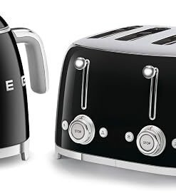 50’s Style Retro Range Breakfast Set, 0.8L 1400W Mini Kettle and Multi-Functional Control 4-Slice 2000W Toaster, Black