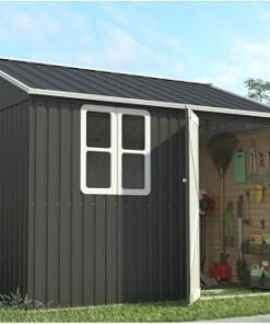 Garden Shed Steel Apex Roof House Outdoor Backyard Storage With Lockable Double Doors Window Free Foundation Tool Equipment Organizer Air Vents 10x8FT Grey